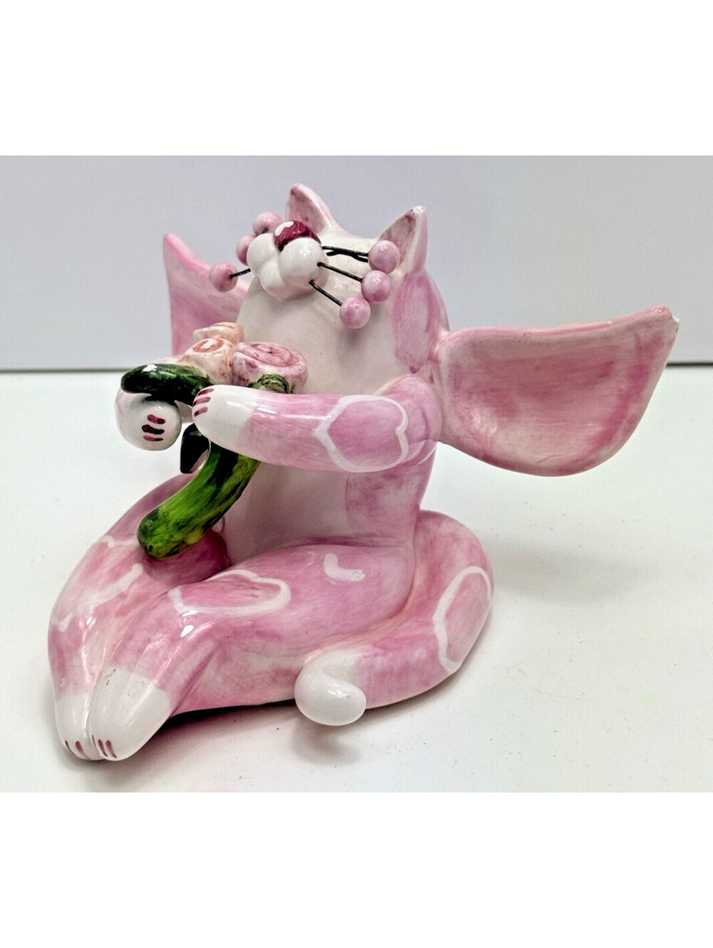 Amy Lacombe Angel Cat Figurine Pink Wings White Hearts Signed WhimsiClay